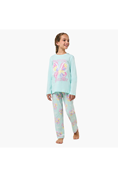 Juniors Cotton Round Neck Long Sleeves Pyjama Set with Butterfly Print