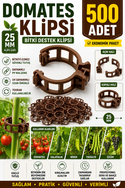 VİVVOV 500 ADET EKONOMİK PAKET Domates Klipsi 25 mm Bitki Destek Klipsi PP Gö...