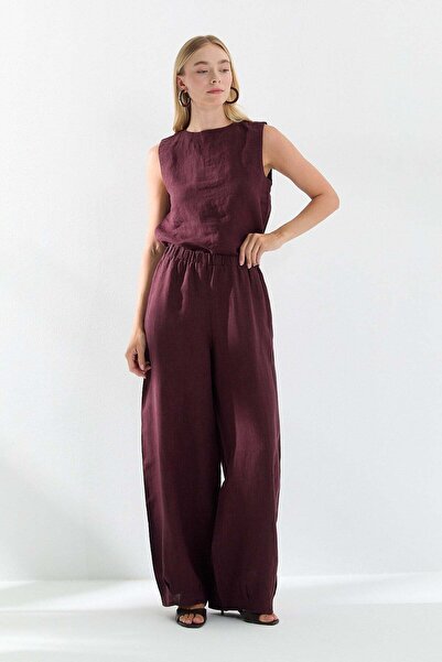 Lencie Elastic Waist Linen Trousers Burgundy
