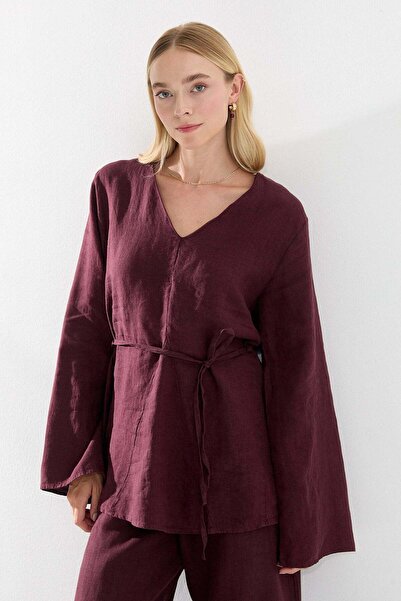 Lencie V-Neck Belted Linen Blouse Burgundy