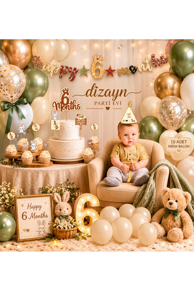 Dizayn Parti Evi 6 Months Safari Yeşil Krem Konsept Parti Süsü Seti 10 Krem B...