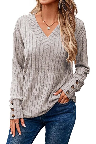 OEM Pulover Damă Tricotat V-Neck Mânecă Lungă Confortabil Elegant Bej S
