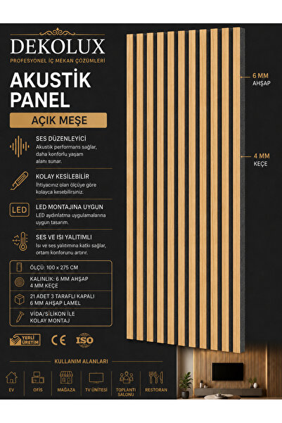 Dekolux AKUSTİK AHŞAP PANEL AÇIK MEŞE RENGİ 100*275