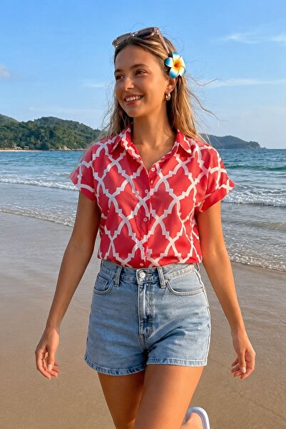 armonika Women's Red Short Sleeve Shirt Arm-26Y001120