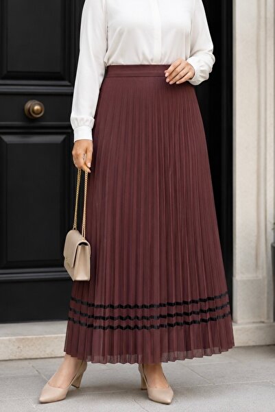 İmajButik Brown Pleated Skirt with Elastic Waistband and Stripes
