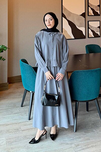 lamelif Anthracite Gathered Detailed Skirt Suit