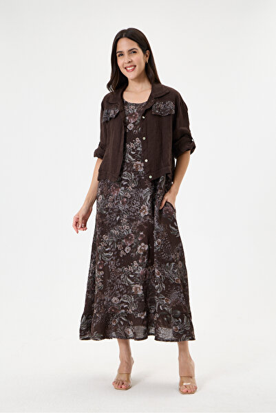 della moor Brown Italian 100% Linen Floral Patterned Double Suit with Jacket ...