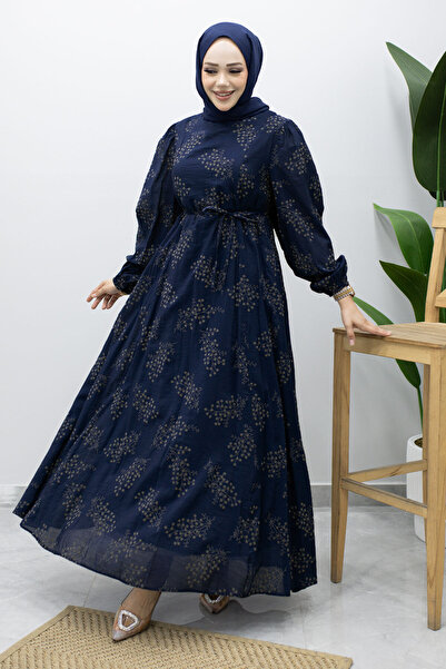 Tesettür Dünyası Lined Branch Patterned Dress Tsd260238 Navy Blue
