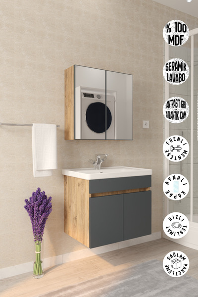 Septemius Tokyo 65 cm Banyo Dolabı Takımı Aynalı MDF Gövde Seramik Lavabolu