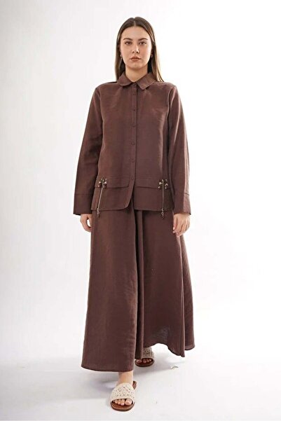 Ceremony Front Zippered Aller Detail Linen Fabric Skirt Suit
