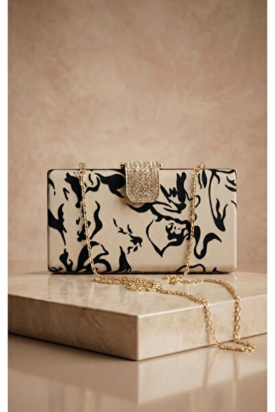 Telli Art Cream Black Patterned Stone Buckle Chain Evening Dress Portfolio Ev...