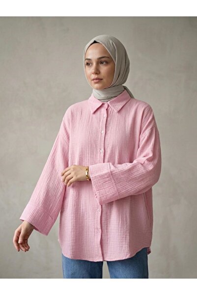 Lunsera Store Double Sleeve Muslin Shirt-Pink