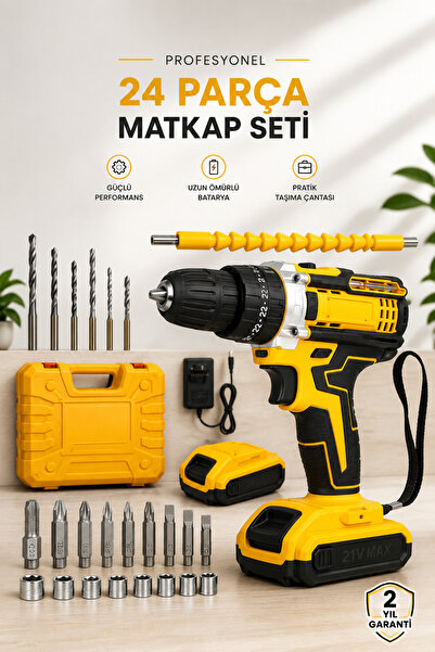 izbul 24 Parça Çift Bataryalı Şarjlı Matkap Seti 24W Motor ve Otomatik Mil Ki...