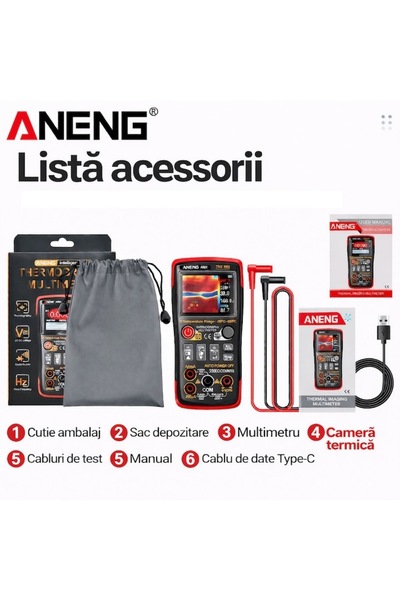 ANENG Multimetru Digital cu Cameră Termică AR01, 1000V CC / 750V CA, 10A, 25000 de numărători, 250MΩ, Ecran TFT Color, USB Tip-C