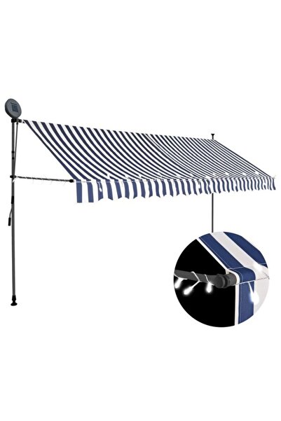 vidaxl Copertină retractabilă manuală cu LED, Albastru și Alb, 350 cm