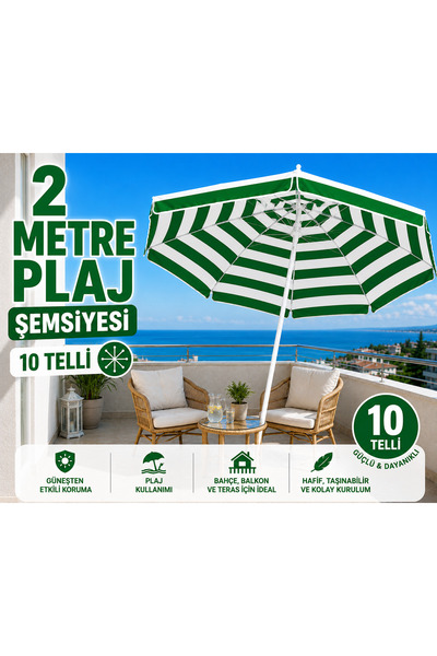 AYDINLAR STORE 2,00 μέτρα Κανονικό ύφασμα Πράσινο Λευκό Χρώμα Ομπρέλα Παραλία...