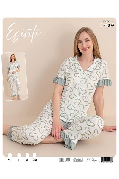 Butik milan beyaz yeşil kalpli fırfırlı pijama takımı