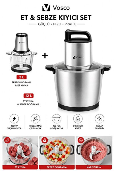 vosco Profesyonel Sebze Doğrama ve Et Kıyma Makinesi 12 Litre Paslanmaz Çelik...