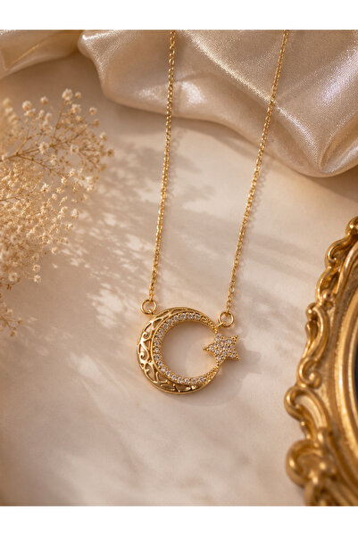 Sylvera Shop Elegant Moon and Star Steel Necklace with Motifs (Gold Color)