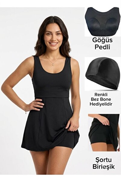 CRNSSWİMWEAR Kadın Kendinden Bitişik Şortlu Elbise Mayo Siyah (GÖĞÜS PEDLİ)