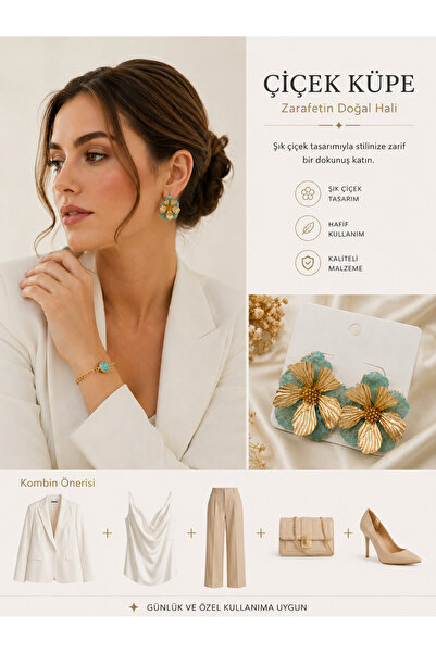 kasımoğulları concept Gold Plated Women's Earrings with Floral Detail – Elega...