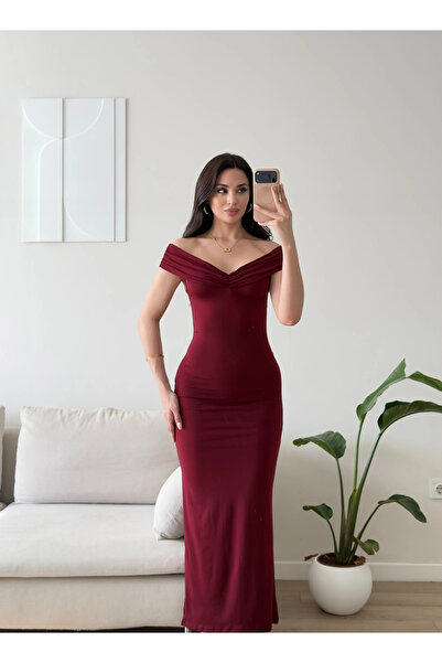 Zoom Butik Ön Burgu Madonna Long Elbise - BORDO