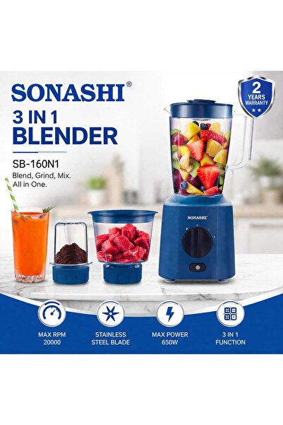 sonashi خلاط 3 في 1 بقوة 650 واط، جهاز مطبخ متعدد الوظائف للخلط والطحن والعصر