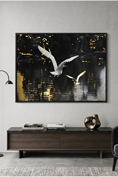 Jasmine Art Gold and White Heron Abstract Wall Art | Framed Canvas Print with...