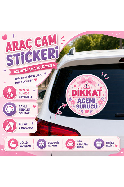 Fovea Design Dikkat Acemi Sürücü Pembe Sticker – Kadın Sürücüler İçin Dekorat...