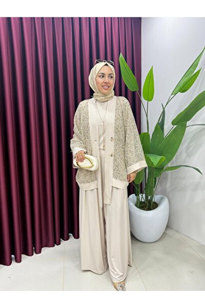 Esra Butik78 Pul Payet Detaylı Tilda Kumaş Tesettürlü Üçlü Takım – Bej & Siya...
