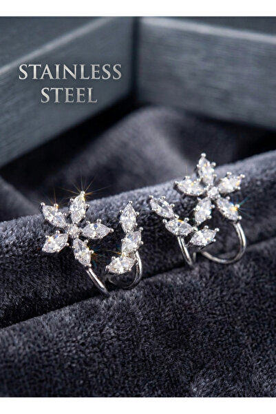 stainless steell Brass Silver Color Zircon Stone Flower Model Earrings