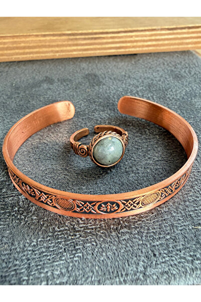 Rupen Kraft Handcrafted copper bracelet and natural stone ring set, adjustabl...