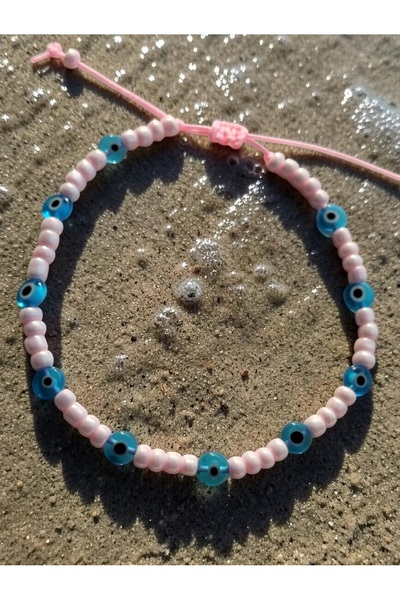 Amabel Jewelerys خلخال بحبل قابل للتعديل مزين بخرز الزجاج الأزرق وخرز الرمل ا...