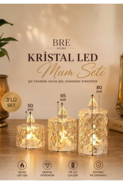 BRE HOME 3’lü Kristal LED Mum Seti Dekoratif Pilli Mum Sıcak Işık Alev Efektl...