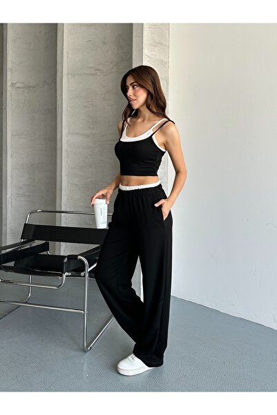 Rabi Shine Women's Modal Fabric Combined Strappy Crop Top and Bottom Set