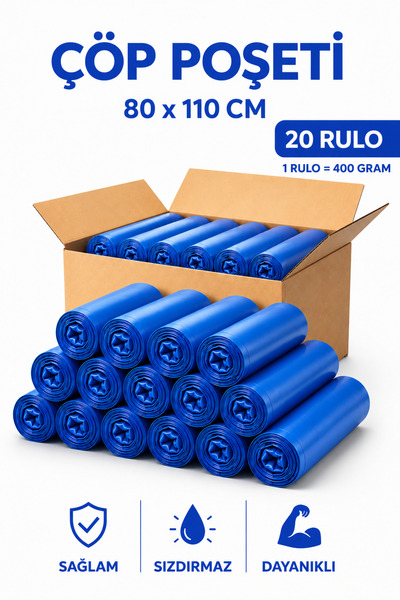 MSE HOLD Çöp Poşeti Mavi 80x110 Jumbo Boy 20 Rulo 200 Adet Kalın Çöp Torbası