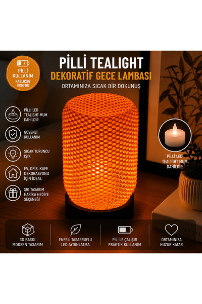 Linia Home Pilli Tealight Mumlu Dekoratif Turuncu Gece Lambası