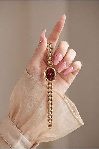 KLISHE Butik Pearla Women's Steel Watch Gold Color & Claret Red Dial Minimal ...