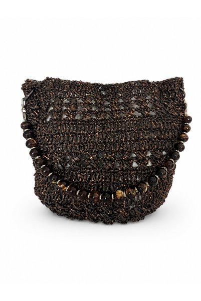 lunera Hand Knitted Glittery Brown Raffia, Beaded Handle Shoulder Bag
