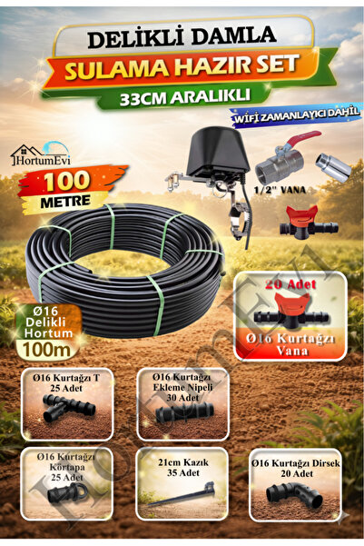 Akıllı Damla Sulama Seti 100m – WiFi Zamanlayıcı Dahil, 16mm 33cm Aralıklı Delikli Hortum, Bahçe Tarla Sera