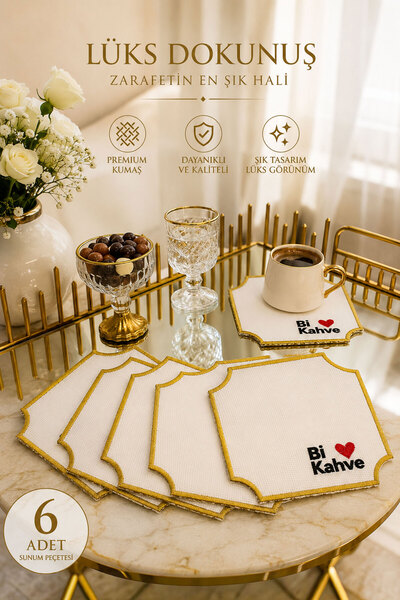 Mutfiko 6 Pieces of Bi Coffee Embroidered Presentation Napkins, Coffee Side P...