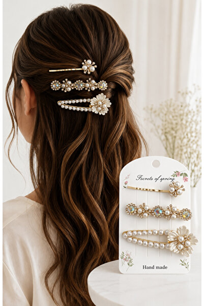 MAQYA KOZMETİK Pearl Stone Detailed Hair Clip Set of 3 Gold Color Crystal Sto...