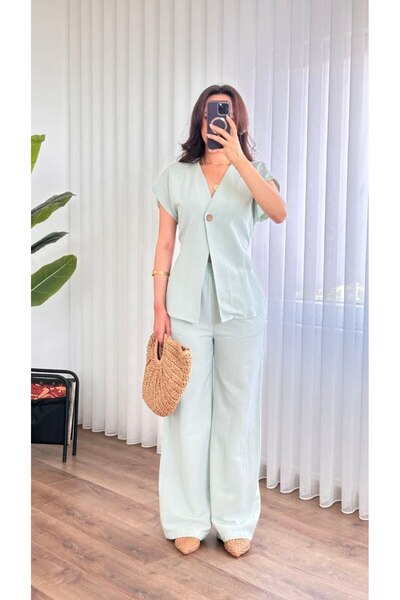 Afili butik Linen Blend Buttoned Vest and Wide-Leg Pants Two-Piece Set