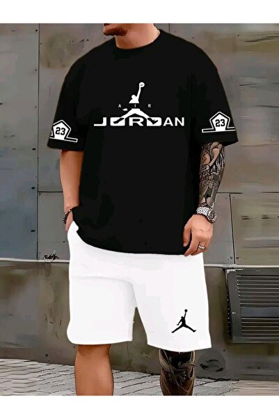 ONLY QUALİTY Unisex White Printed Tshirt Black Summer Tracksuit Set