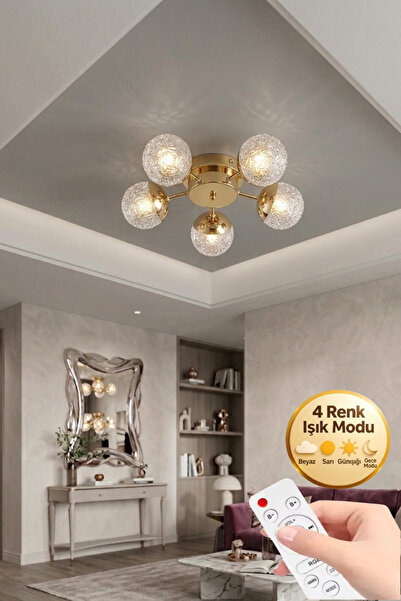 Lüxev Lighting Güneş Model Gold 5"li Ledli 3 Renk Modu Kristal Salon Mutfak Y...