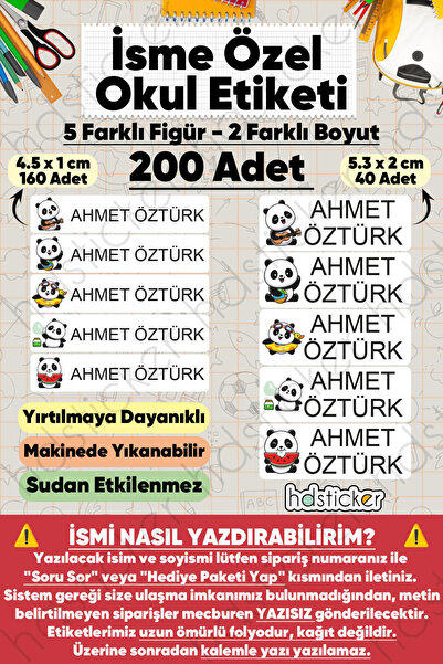 hdsticker 200 Adet Panda Desenli İsme Özel Okul Etiketi Kişiye Özel İsim Bask...