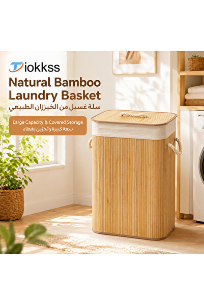 Tiokkss Bamboo Laundry Basket with Lid, Large Capacity Clothes Hamper with Ro...