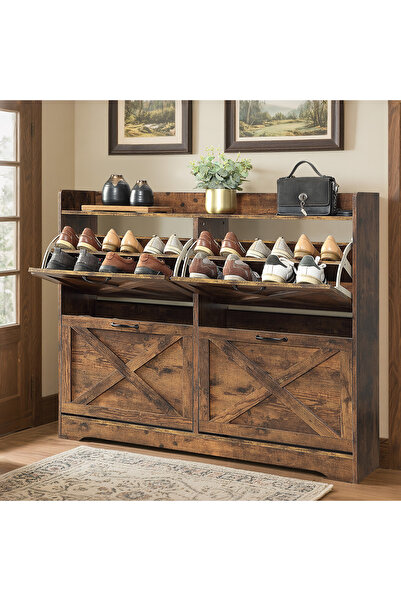 RahaShop 4 Floors Farmhouse Hidden Shoe Cabinet with Flip Drawers, Entryway S...