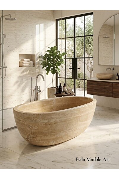 ESİLA MARBLE Doğal Traverten Küvet – El Yapımı Lüks Taş Küvet – Modern Banyo Küveti