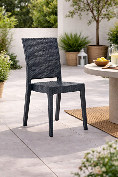 Alezy R007 Nice Rattan Desenli Plastik Bahçe Balkon Sandalye Antrasit